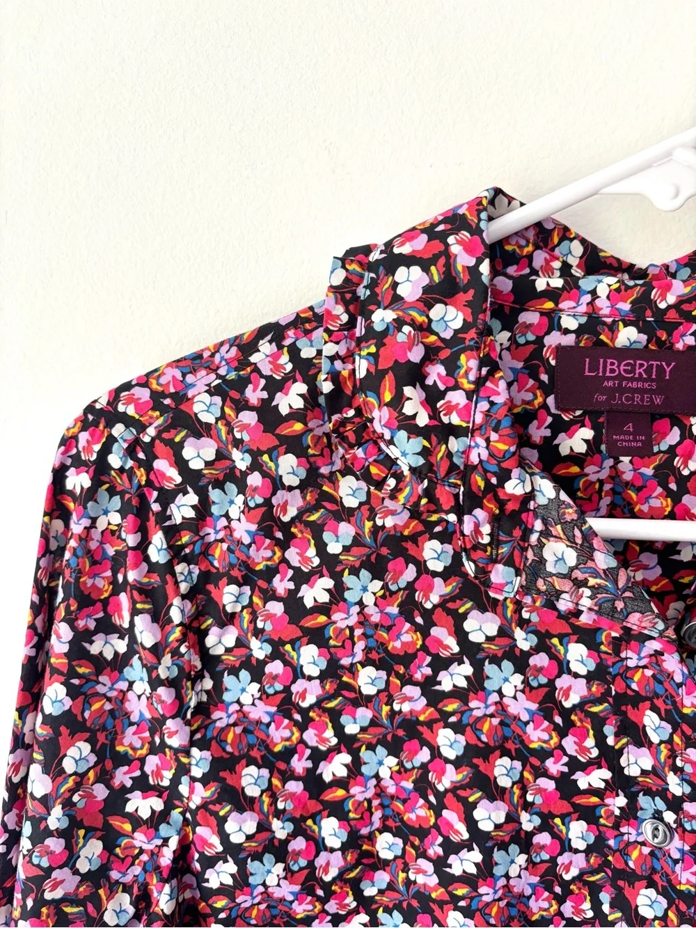J. Crew Liberty Floral Print Sarah Button Down Front Neck Tie Preppy Black Pink - Picture 5 of 12